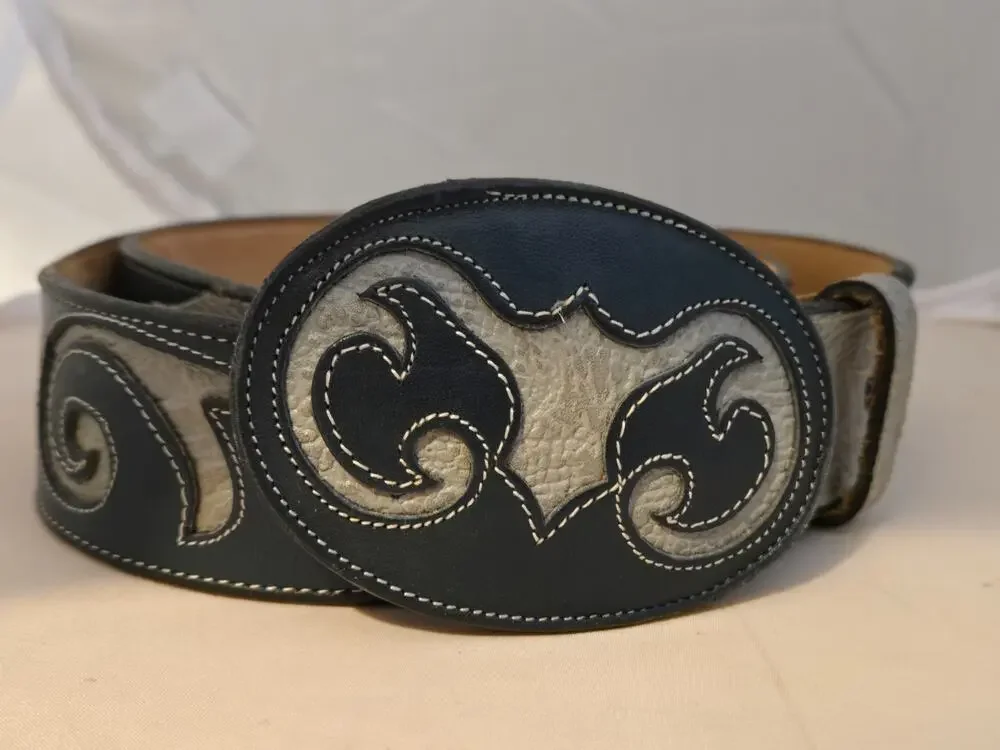 Tony Lama Belt Mens Tooled Leather Blue Gray Size 36 60607 with matching buckle